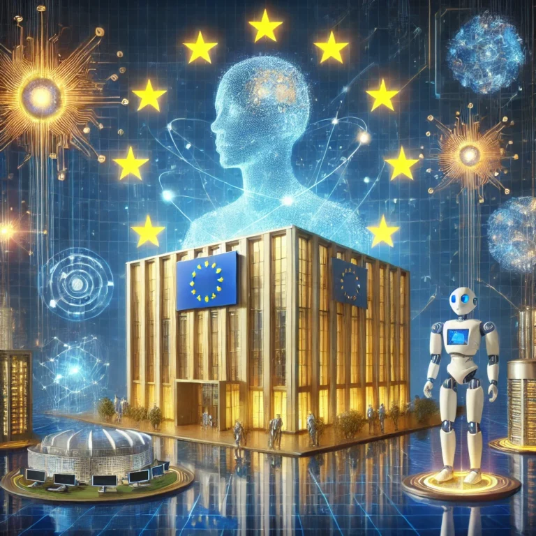 Une illustration futuriste représentant l’investissement massif de l’Europe dans l’intelligence artificielle.