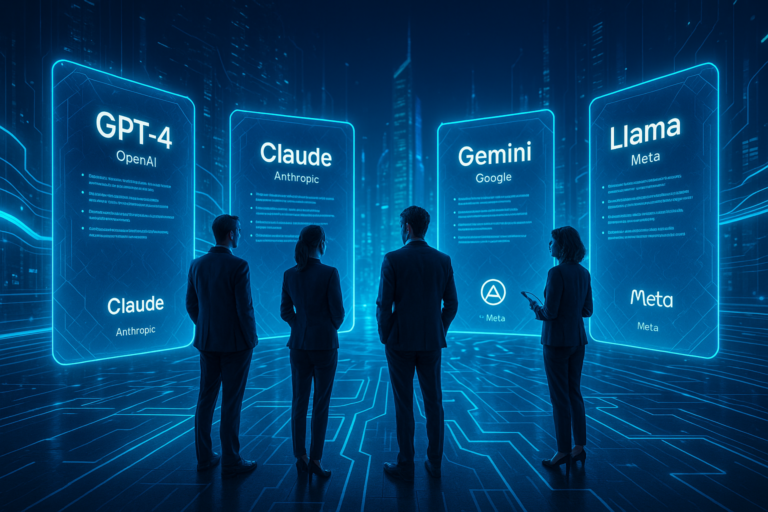 The environment is filled with glowing data streams, circuit-like floor patterns, and digital skylines. The mood is analytical and visionary, reflecting the complexity and innovation of AI model selection in the modern era. High-resolution, 4K, professional and sleek visual style.