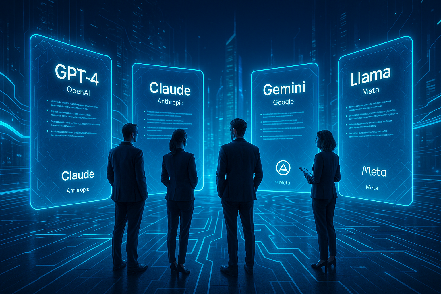 The environment is filled with glowing data streams, circuit-like floor patterns, and digital skylines. The mood is analytical and visionary, reflecting the complexity and innovation of AI model selection in the modern era. High-resolution, 4K, professional and sleek visual style.