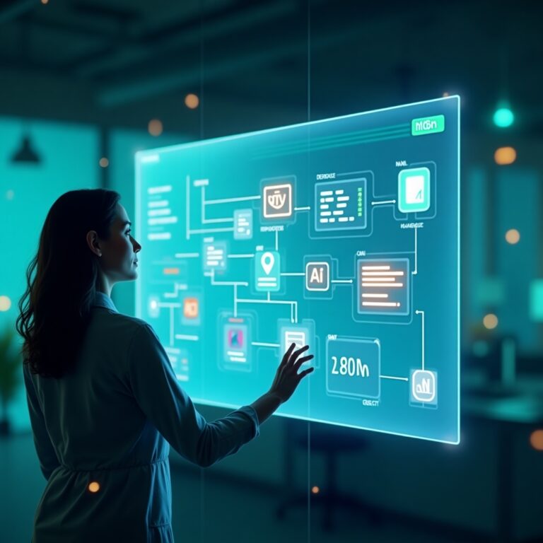 A modern and sleek digital workspace with a flowchart-style interface on a large screen, showing nodes connected by lines (representing workflow automation), with glowing icons like database, email, chatbot, and code blocks. A person is interacting with the visual interface, surrounded by symbols of open-source (e.g., code brackets, Git icon), AI, and productivity tools. The background is clean, high-tech, with a soft blue-green color palette echoing n8n's theme. The overall feel should be futuristic, professional, and empowering.