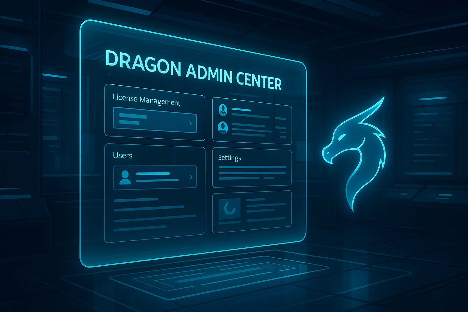 A futuristic digital admin console interface glowing on a large transparent holographic screen, labeled "Dragon Admin Center". The environment is sleek and high-tech, with a dark theme and neon blue accents. A dragon-shaped AI assistant icon is floating beside the interface, guiding the user. The screen displays sections for license management, user profiles, integration settings, and configuration options. The background is a modern control room with digital panels and ambient lighting. The overall style is semi-realistic, cyber-futuristic, and clean — ideal for a technology product illustration or enterprise software marketing material.