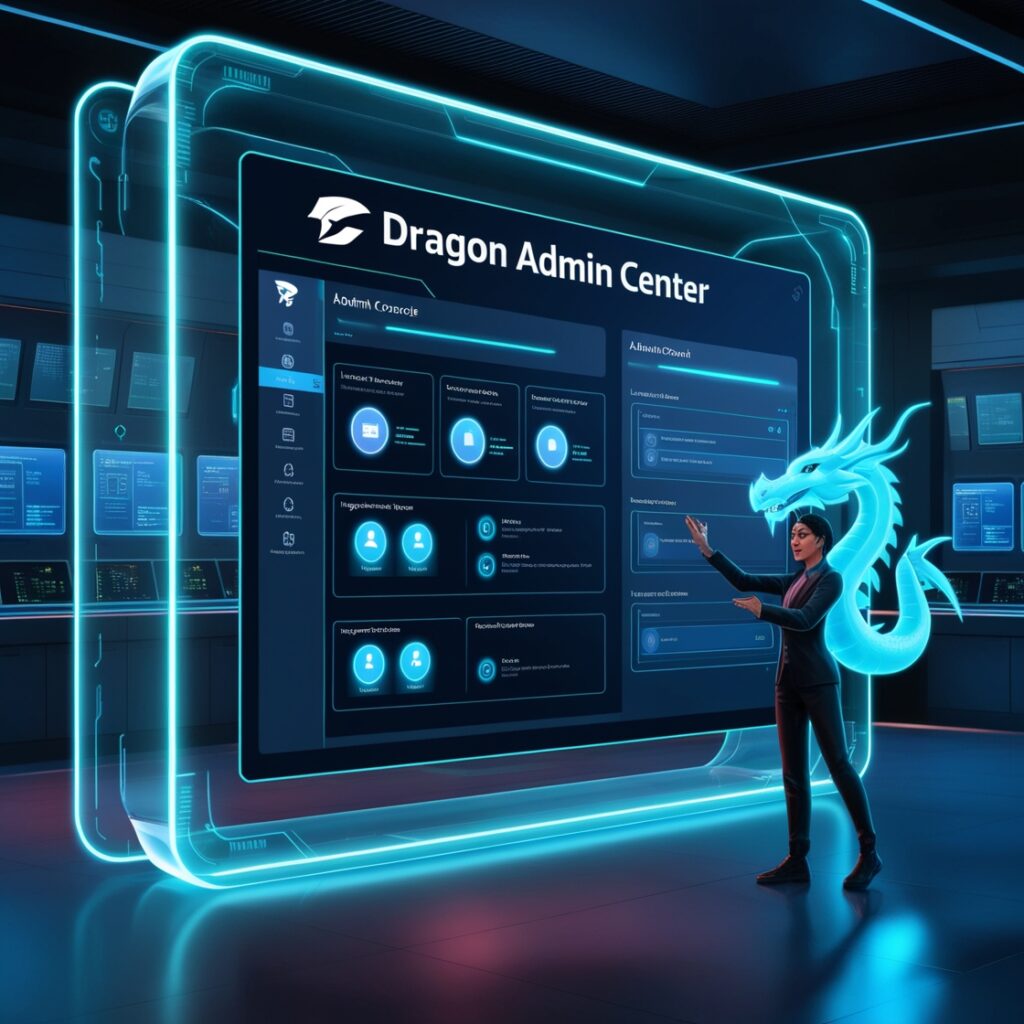 L'administration de Dragon Copilot s'effectue via le Dragon Admin Center, qui offre une interface unifiée pour la gestion des licences, des utilisateurs, des paramètres et des intégrations.