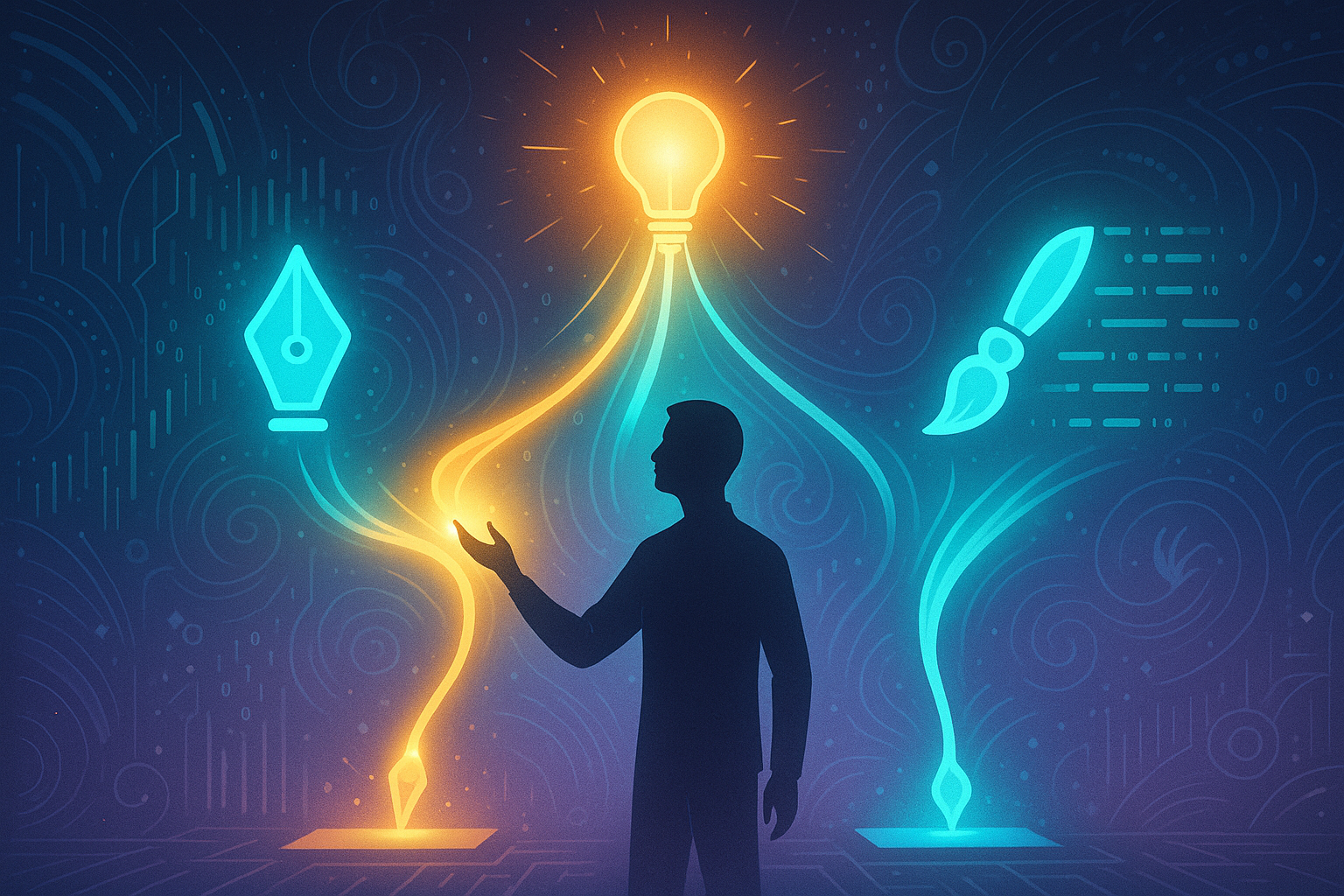 Une scène métaphorique illustrant la transformation d'une idée en un résultat concret grâce à l'intelligence artificielle. Au centre, une silhouette humaine tend la main vers une lumière flottante symbolisant une idée.