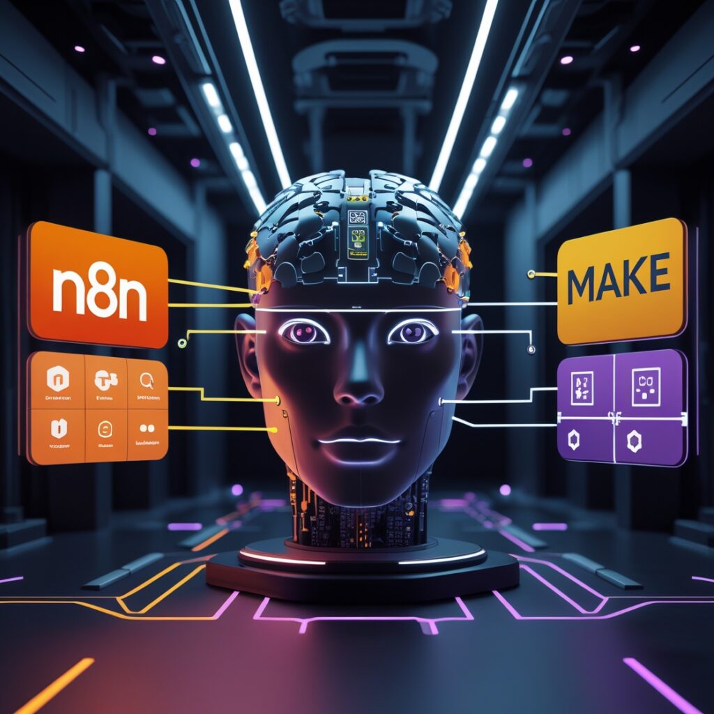 A sleek, futuristic split-screen infographic comparing n8n, Zapier, and Make.