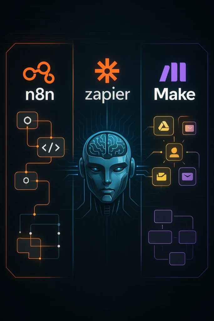 A sleek, futuristic split-screen infographic comparing n8n, Zapier, and Make.