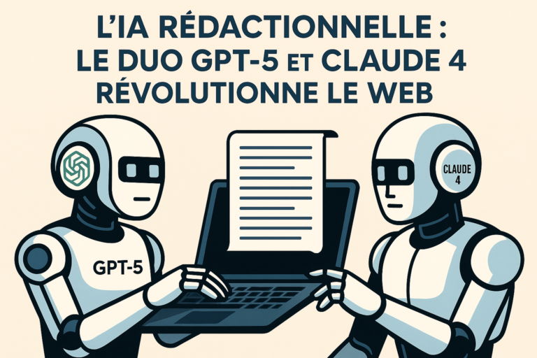Une illustration futuriste de style bande dessinée montrant GPT-5 et Claude 4 comme des personnages d'IA héroïques.
