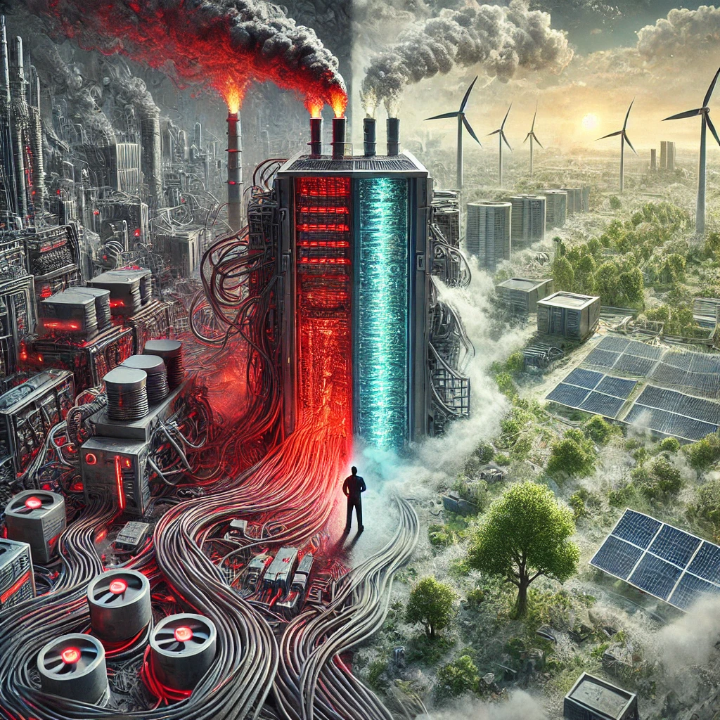 illustration conceptuelle capturant l’impact environnemental de l’IA générative, avec un fort contraste entre la pollution technologique et l’innovation durable