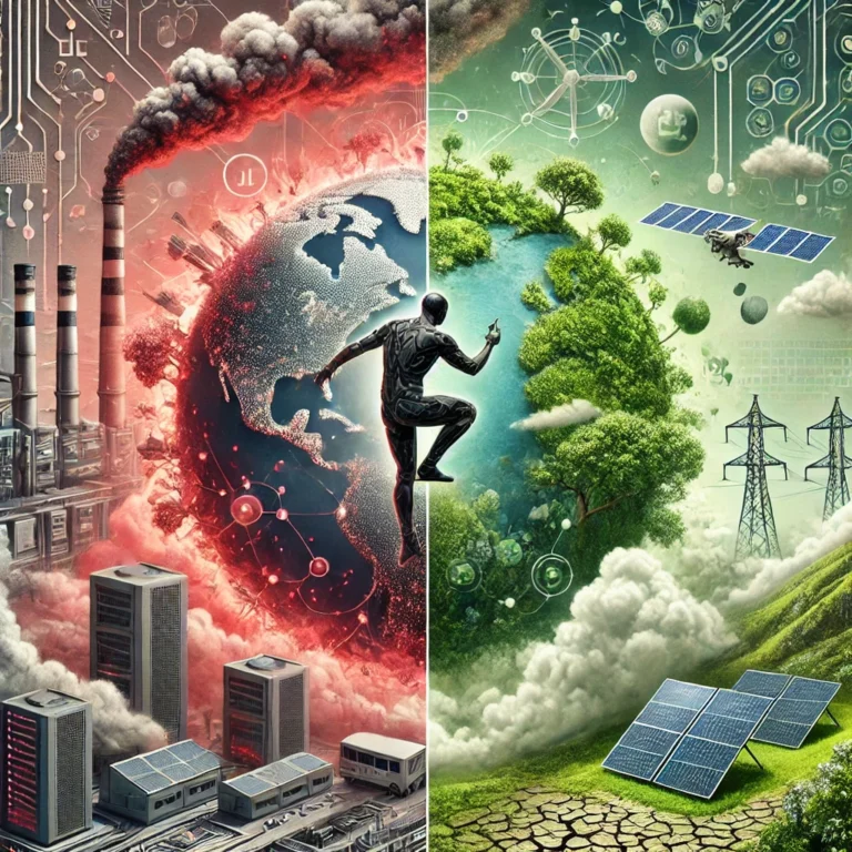 illustration conceptuelle capturant l’impact environnemental de l’IA générative, avec un fort contraste entre la pollution technologique et l’innovation durable