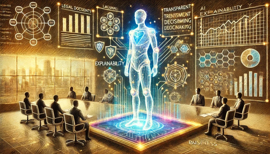Une illustration numérique conceptuelle haut de gamme représentant la gouvernance et l'explicabilité de l'IA. Au centre, un agent IA humanoïde composé de code lumineux.