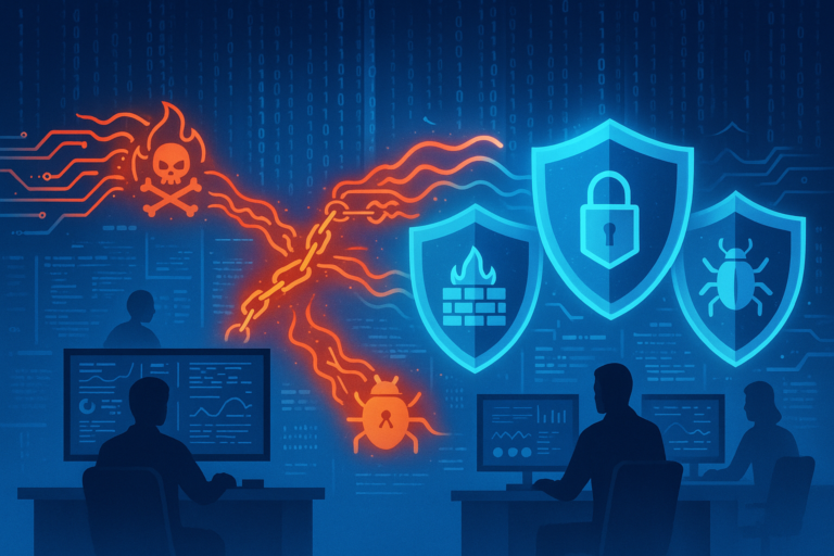 Illustration futuriste montrant une scène de cybersécurité où des symboles de cyberattaques