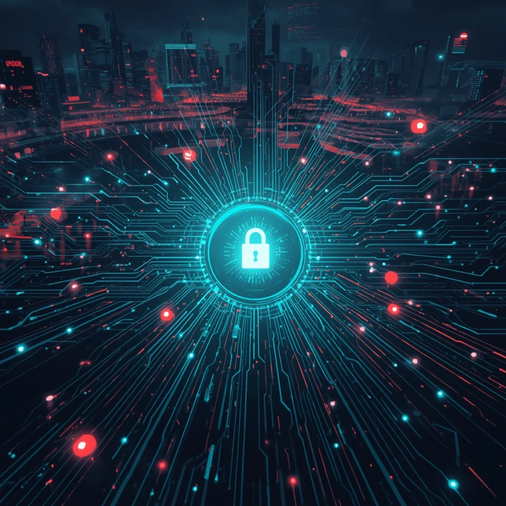 Une illustration futuriste et haute résolution (4K) représentant la cybersécurité.