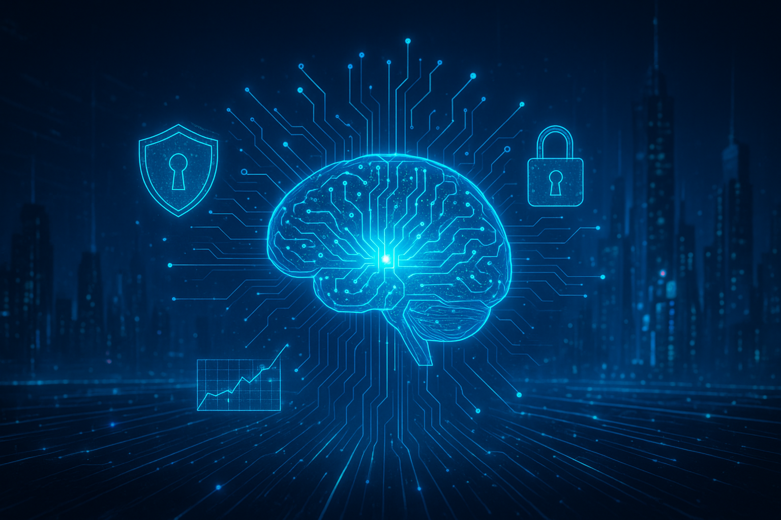 Une illustration futuriste et haute résolution (4K) représentant la cybersécurité.