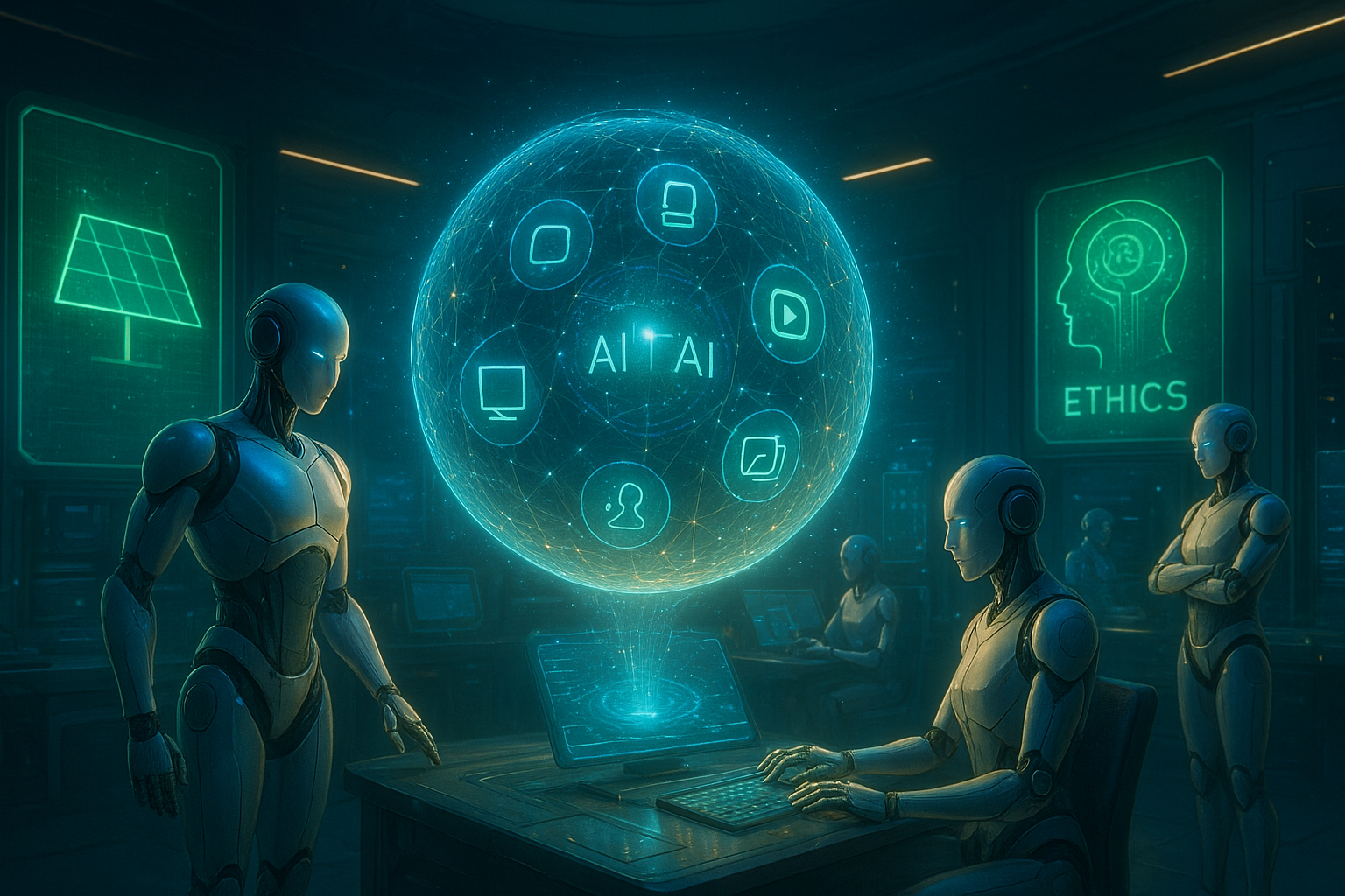 Une illustration futuriste représentant l’intelligence artificielle multimodale et les agents numériques en 2025. On y voit des interfaces holographiques, des avatars virtuels interactifs, et des flux de données colorés symbolisant la communication entre humains et IA. Le style est réaliste et technologique, avec des tons bleus et argentés, une lumière néon et une ambiance de ville connectée. En arrière-plan, des bâtiments intelligents et des personnes collaborant avec des agents IA dans un environnement fluide et harmonieux. Style : digital art futuriste, haute résolution, composition dynamique, esthétique de magazine tech 2025.