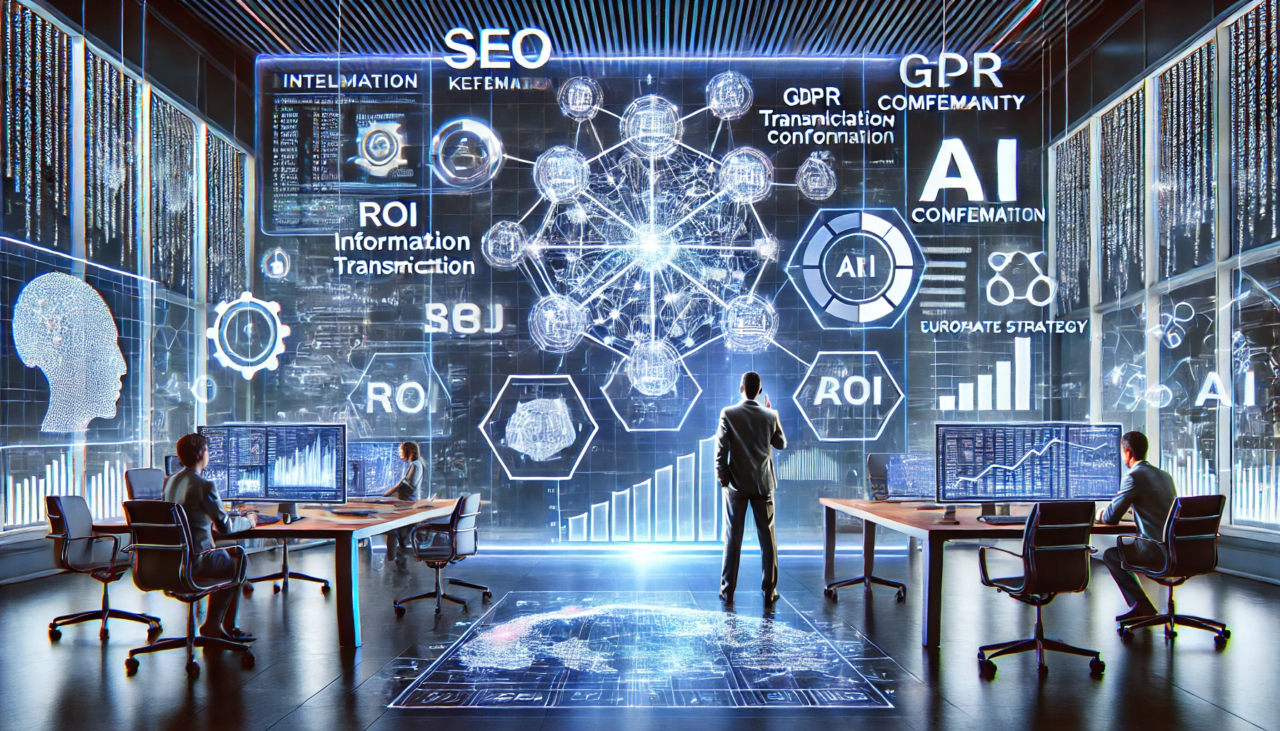 Illustration futuriste et stratégique en 4K représentant l’intégration de l’intelligence artificielle dans les PME en 2025.