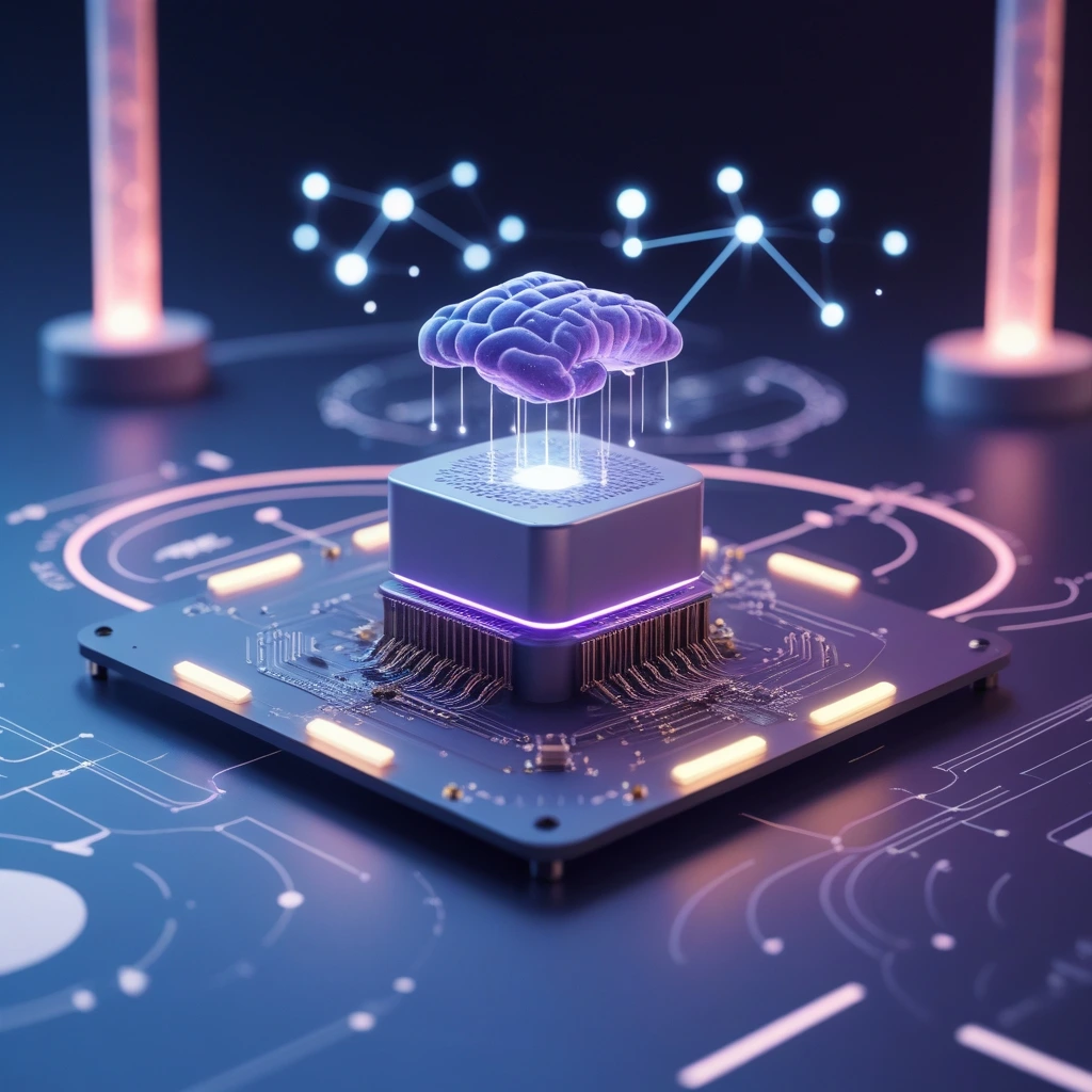 graphiques minimalistes et des symboles d’IA pour évoquer l’architecture et les avantages des SLMs dans un style moderne et high-tech