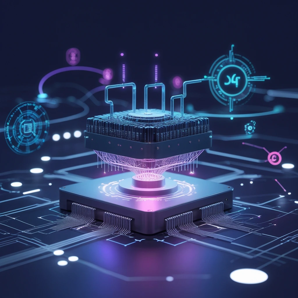 graphiques minimalistes et des symboles d’IA pour évoquer l’architecture et les avantages des SLMs dans un style moderne et high-tech
