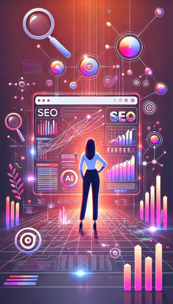 Vertical-Pinterest-pin-editorial-style-flat-design-illustration-about-advanced-SEO-strategies.-Scene_-a-confident-professional-standing-at-a-sleek-f